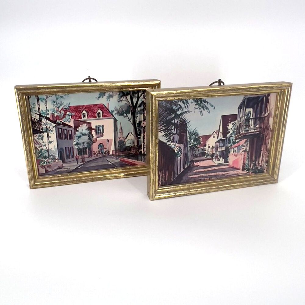 VTG Framed Prints by John Rogers Set of 2 Lithograph Village Scene Township